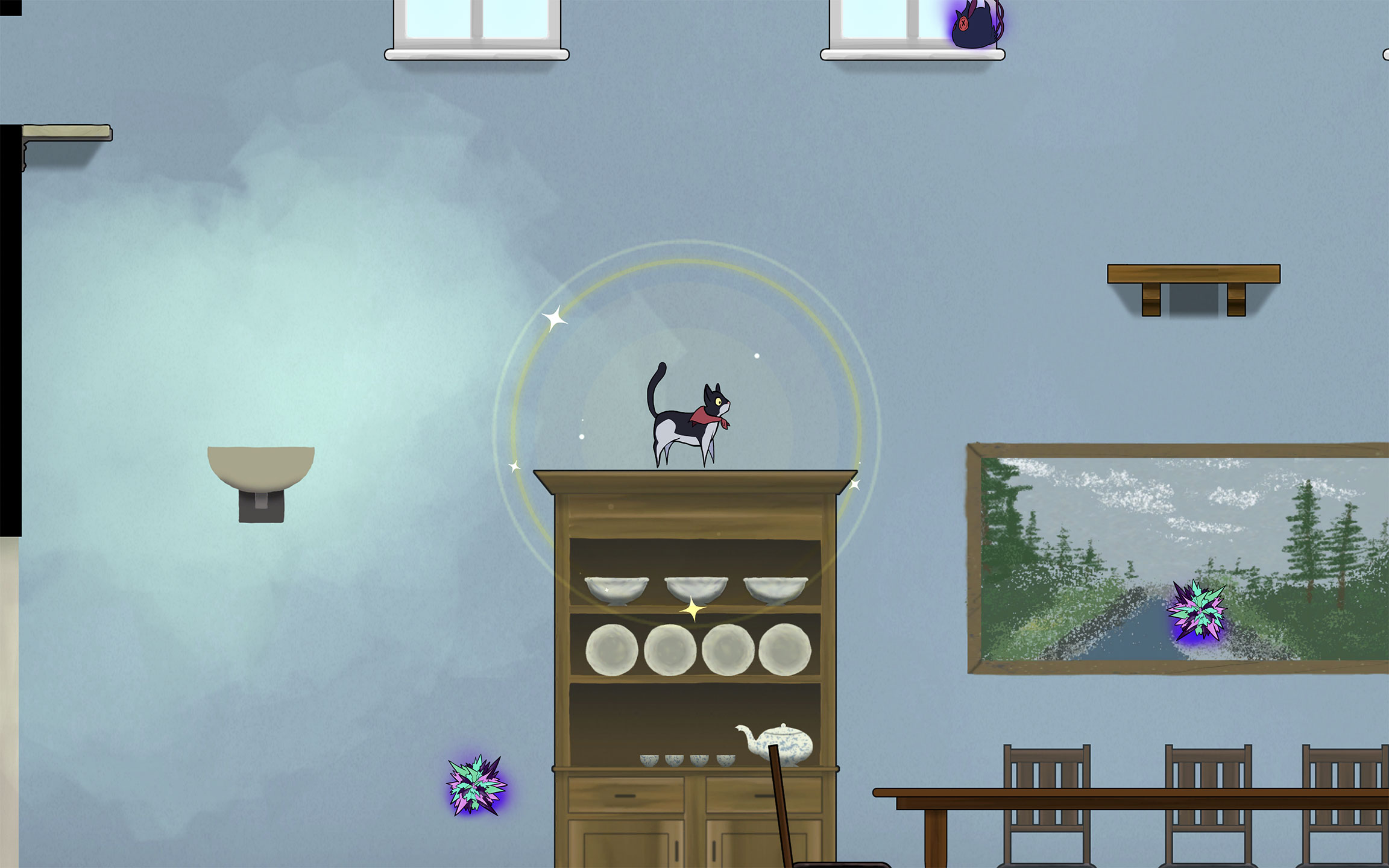 Screenshot of the game Paws of Purity showing Kitty standing on top of a china hutch.